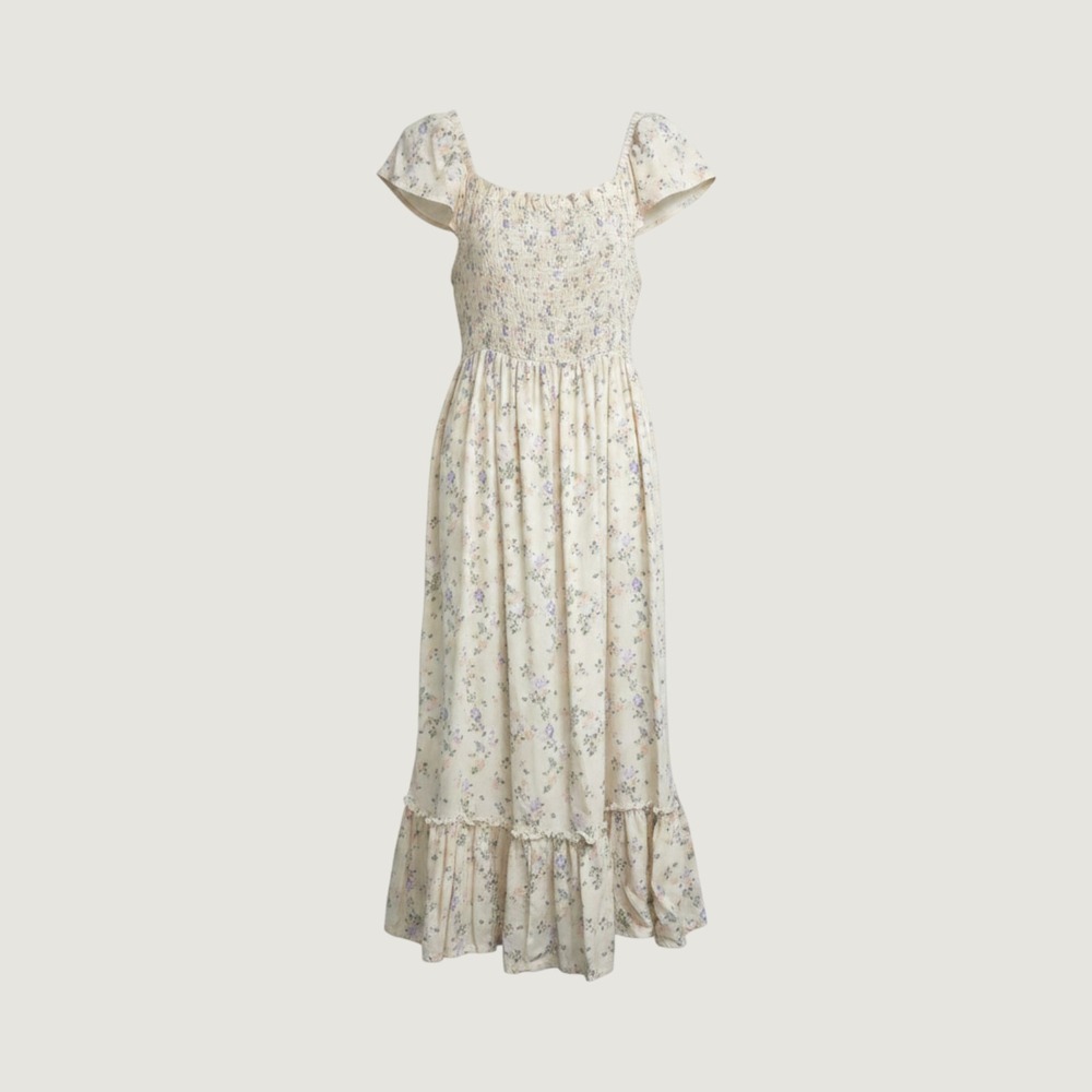 Arizona Jean Co Floral Smocked Midi Dress Cream Flutter Sleeve‎ Womens Large